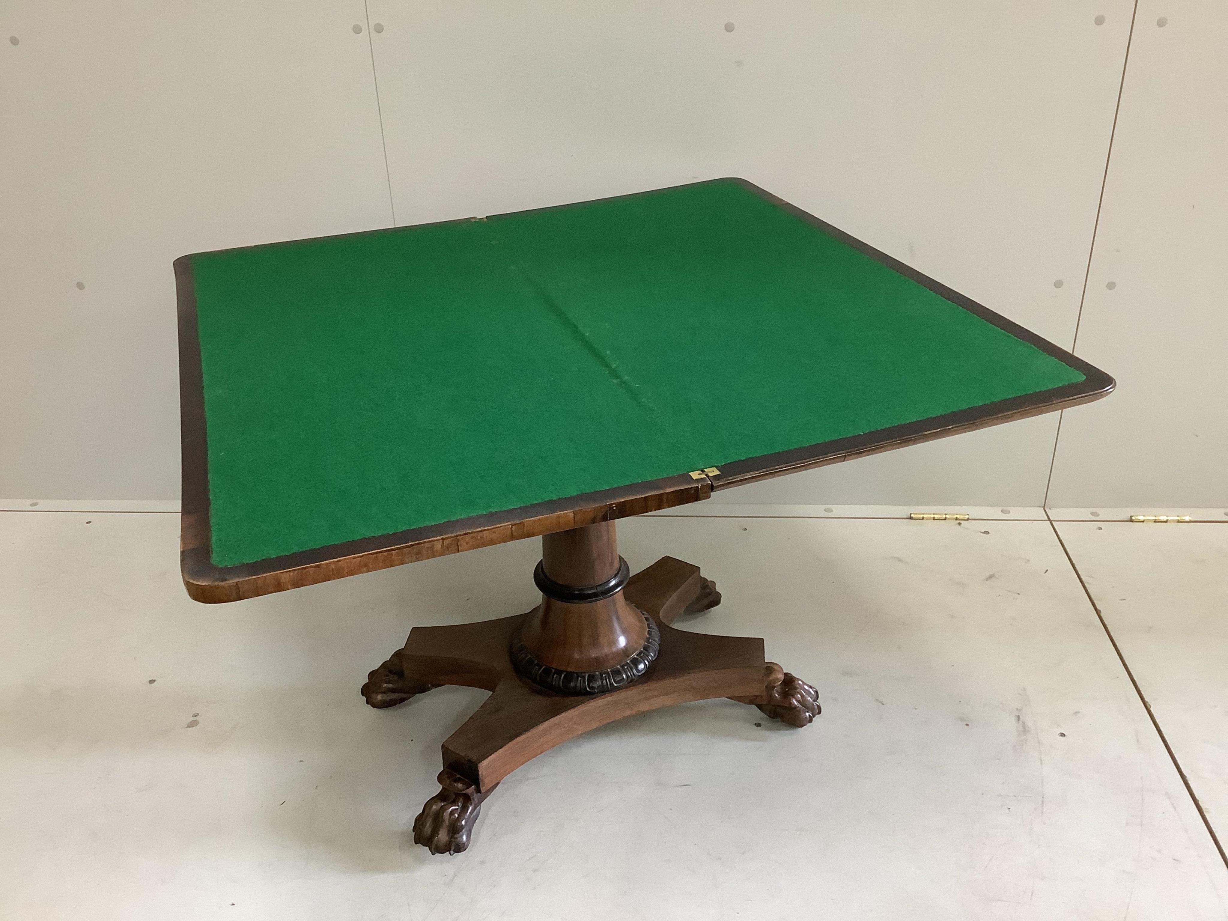 A 19th century cross-banded satinwood and rosewood card table, width 90cm, depth 45cm, height 69cm